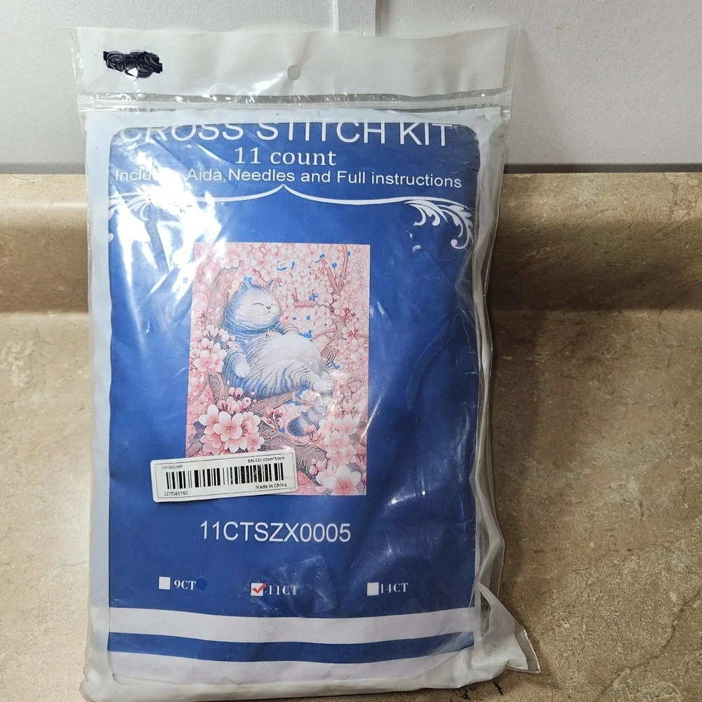 Cross Stitch‎ Kit 11 Count Sleeping Cat Cherry Blossoms Framed Picture 65x50cm
